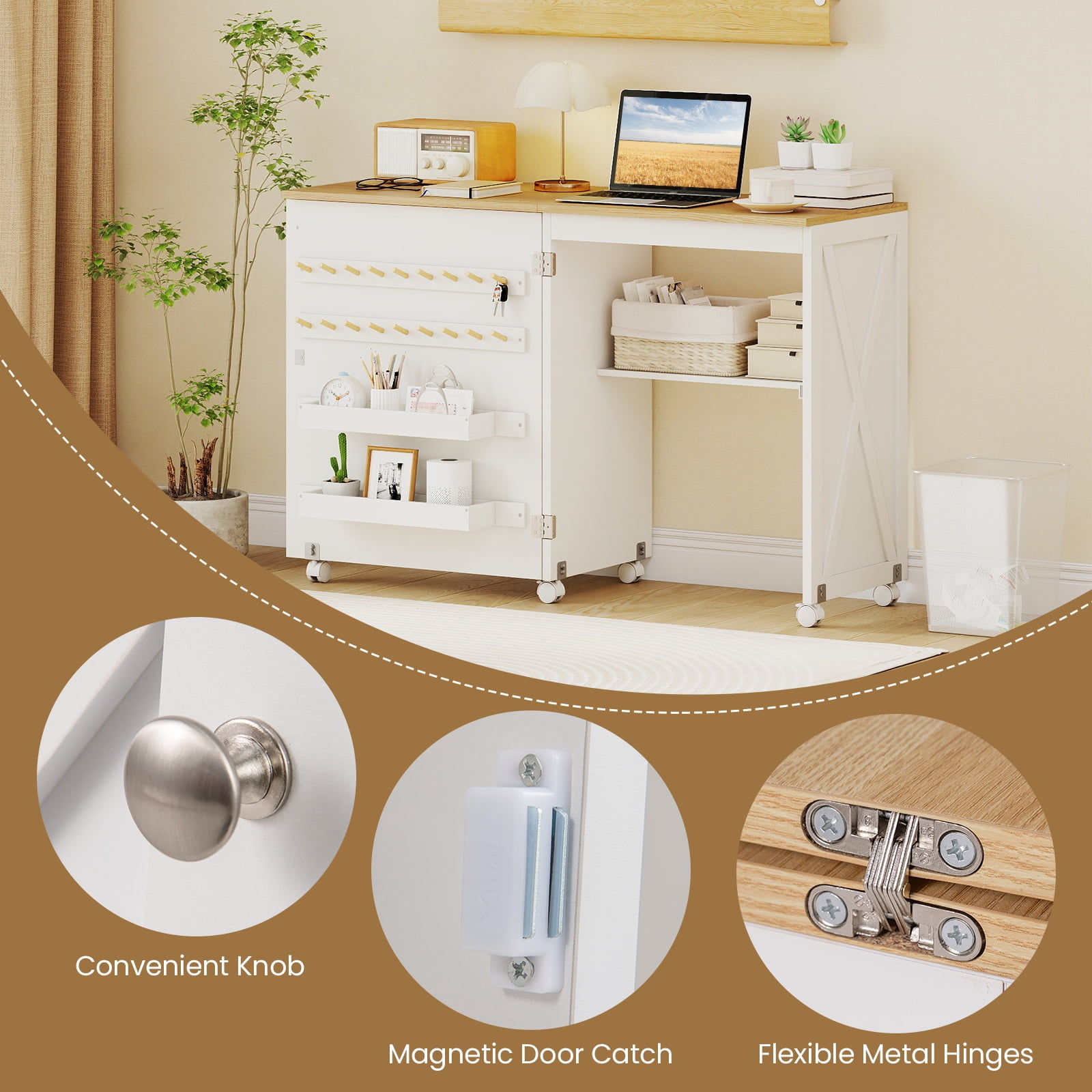Gymax Folding Sewing Table w/ Compact Design Storage Shelf 2 Trays and 18 Pegs