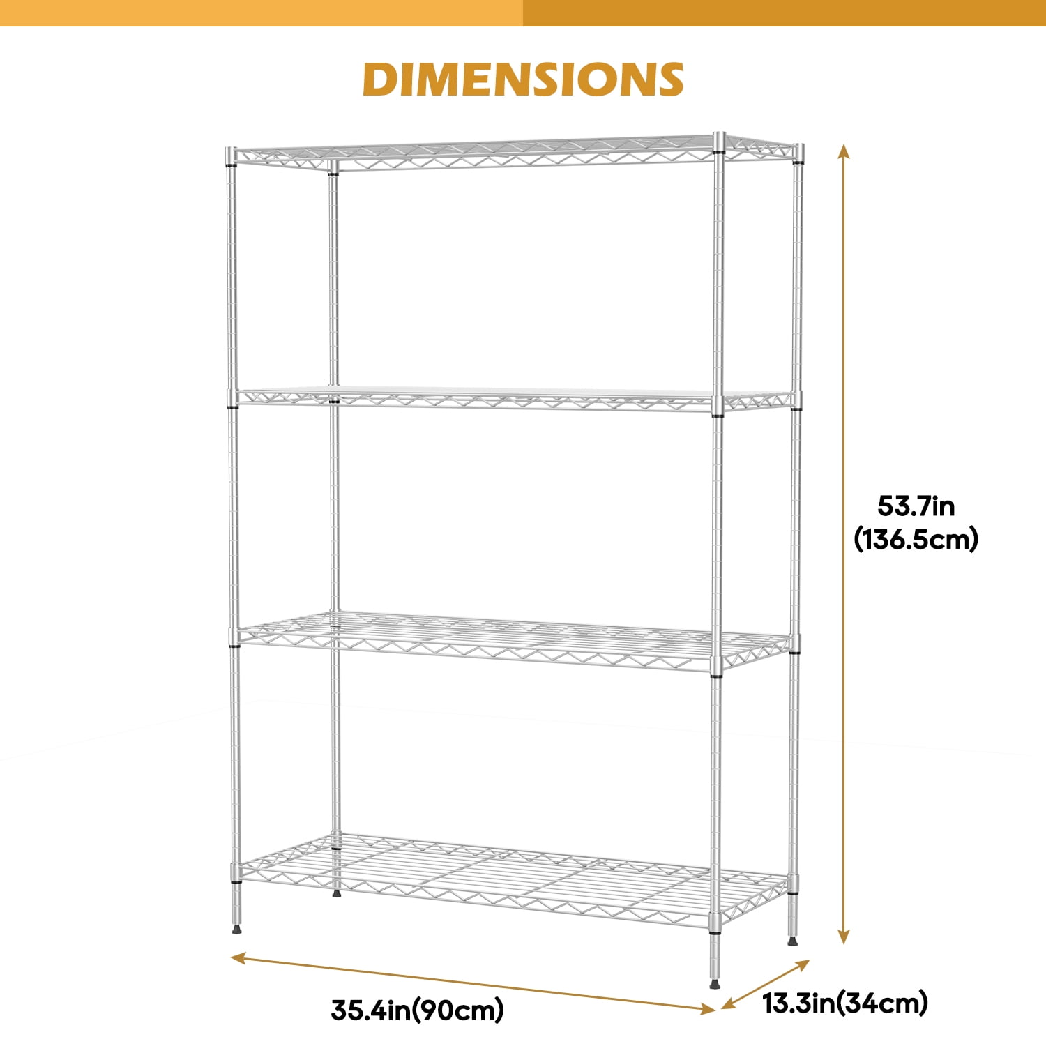 BestOffice 4 Tier Shelving Unit 35.4"L x 13.3"W x 53.7"H Metal Shelving Standing Storage Shelf with 4 Steel Frame Adjustable Layer Kitchen, Garage (Chrome)