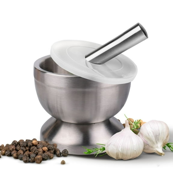 Brushed Stainless Steel Mortar and Pestle Set - Solid Brushed Stainless Steel Grinder Pill Crusher Bowl Holder for Guacamole Herbs Spices Garlic Kitchen Cooking Medicine, 4 Inch