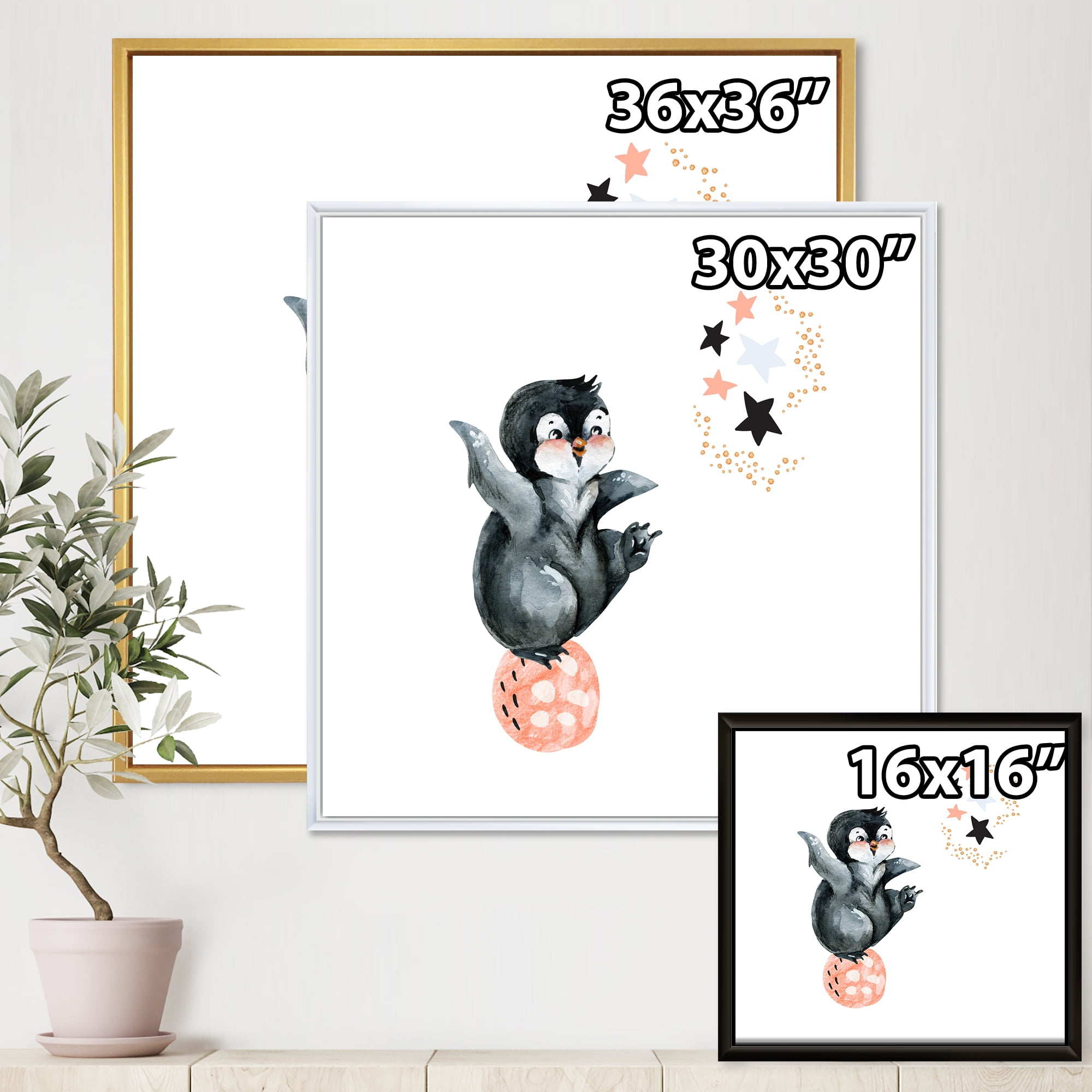 Designart 'Little Penguin With Planets and Stars II' Farmhouse Framed Canvas Wall Art Print