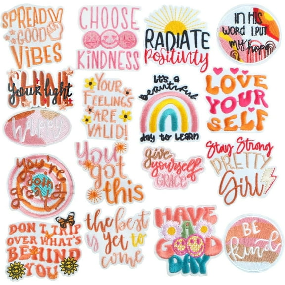 17pcs Positive Affirmations Iron on Patches, Boho Hippie Style Inspirational Words Embroidered Sew on Applique Craft Accessories for DIY Clothes Hats Backpacks Jeans Jackets Decor