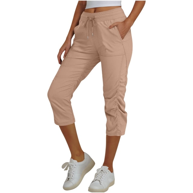 Lenpel Capri Pants for Women Elastic High Waisted Drawstring Ruched Straight Leg Cropped Pants Casual Capris Trousers with Pockets