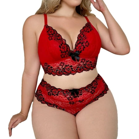 Tao Tao Women Lace Pajamas Underwear Set High Waist Sheer Sleepwear Bow Ties Cami Shorts Bra And Panty Red 3XL