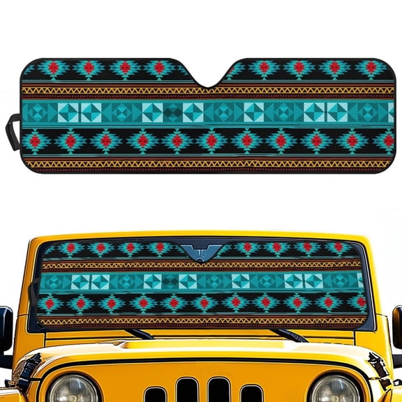 Uorisanigo Windshield Sun Shade for Jeep Wrangler, Sun Visor for UV and Heat, Aztec Turquoise Print Car Shade Front Windshield for Jeep Wrangler Rubicon Sahara TJ JK JKU 2 Door & 4 Door