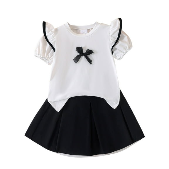 MEZZALL Girl's Skirt Sets 2 Piece Outfit Spring Summer Clothes Crewneck Short Sleeve Shirt Tops With Bow Ruffle Mini Skirts Set Breathable Toddler Wear