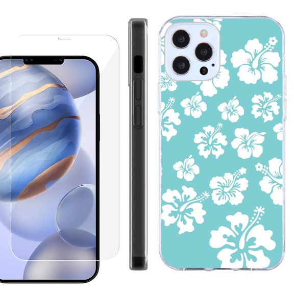 Slim Fit Protective Phone Case for Apple iPhone 12 / iPhone 12 Pro, with Tempered Glass Screen Protector, by OneToughShield ® - Hibiscus Teal