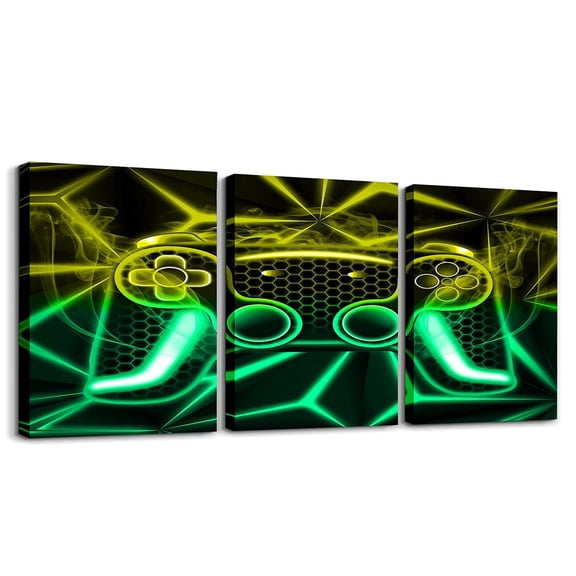 Erosebridal Gaming Gamer Canvas Wall Art Living Room, Gold Green Gradient Lines Framed Wall Art Set of 3, Neon Gradient Gamepad Wall Decor for Bedroom, Luxury Bedroom Decorative