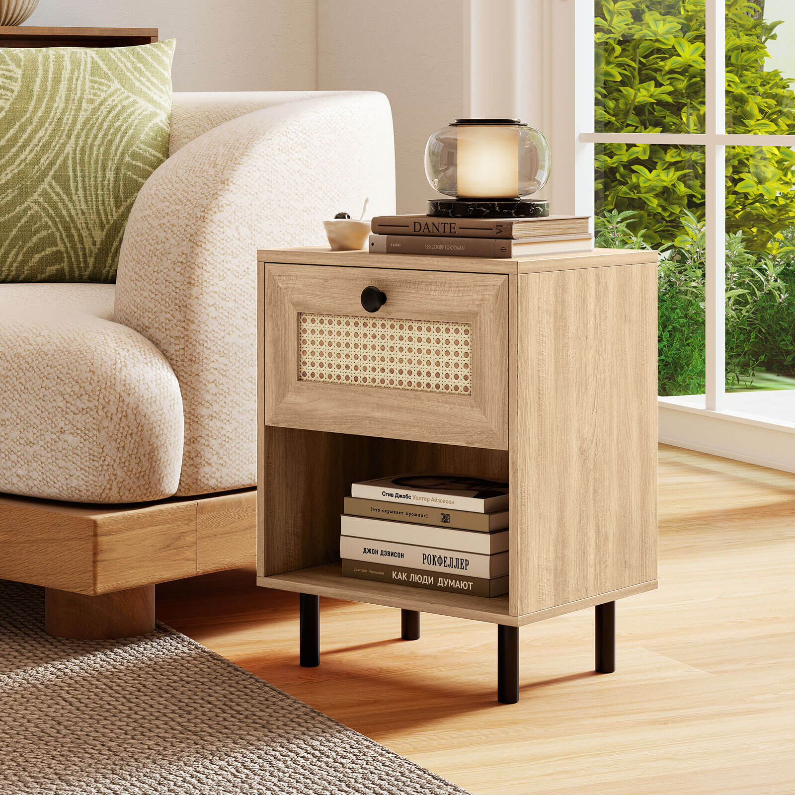 Costway 2 PCS Rattan Nightstand Boho End Table with Drawer & Open Shelf for Living Room Natural