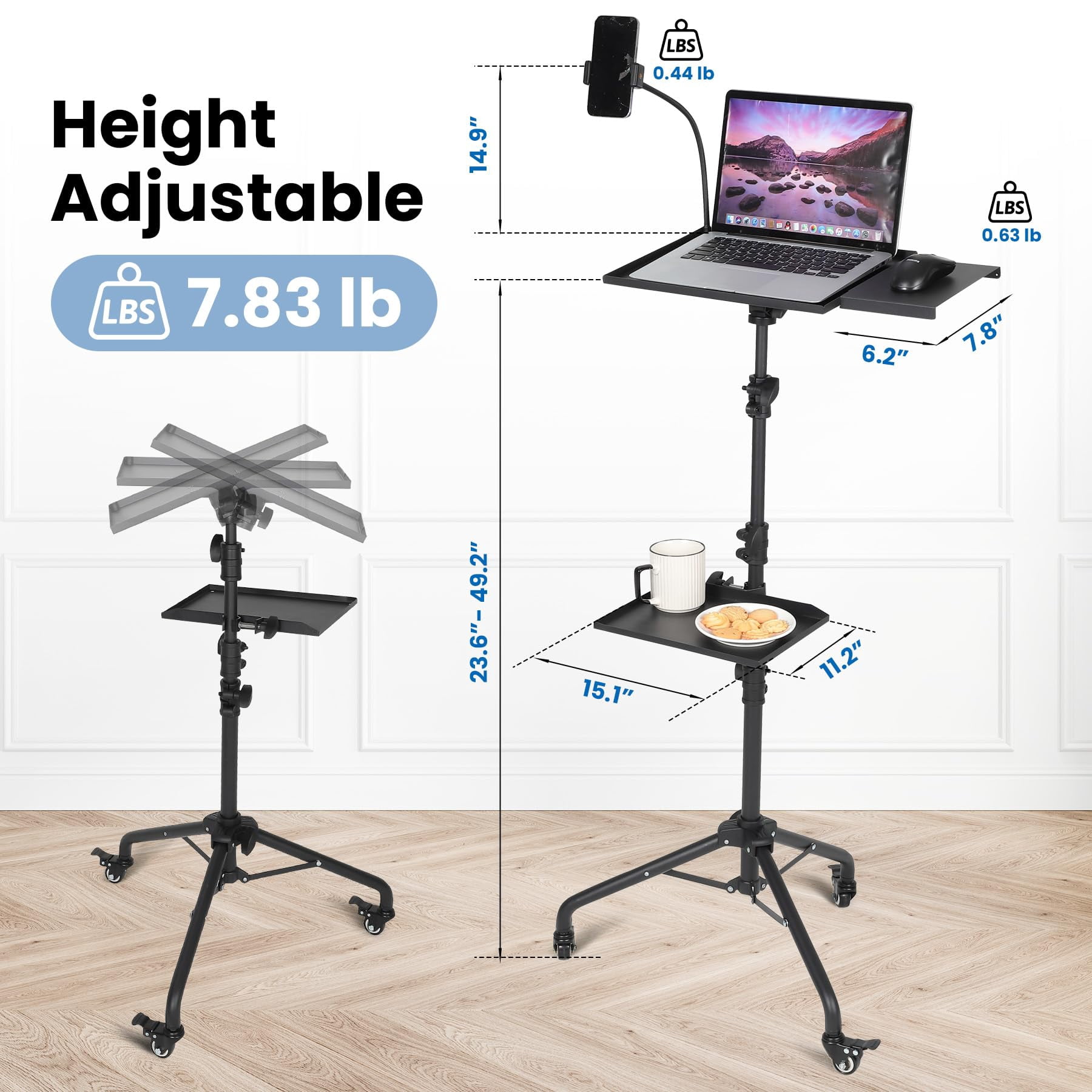 Projector Tripod Stand, Laptop Stand on Wheels with 2 Shelves Mouse Tray Phone Holder, Portable Projector Floor Stand, Adjustable Height 23 to 49 Inch, Projector Tall Stand for Office, Home
