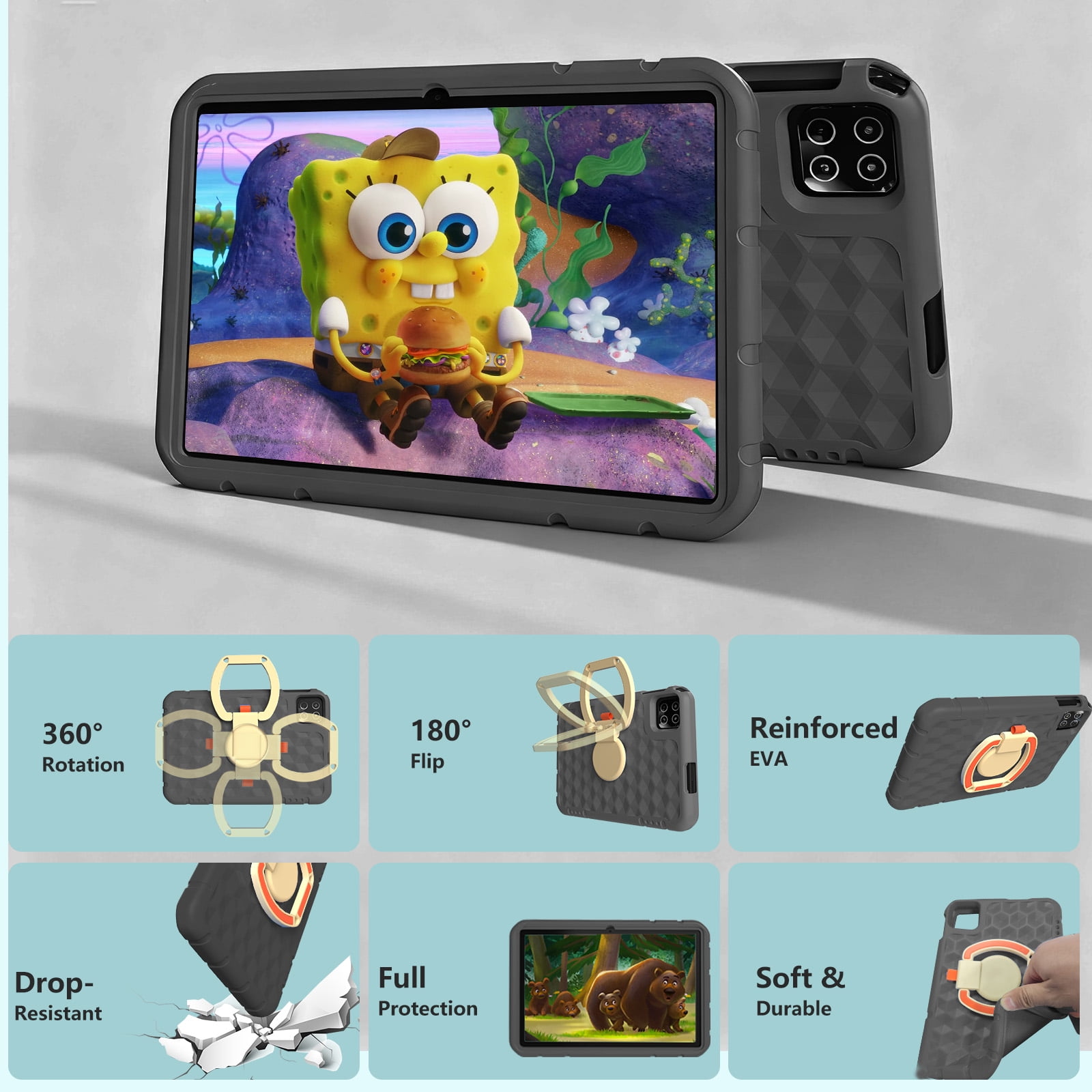 Kids Tablet 10.1 inch Android 15 Octa-Core Tablets with Drop-proof Case, 20GB ROM 128GB, 1TB TF Card Expandable, Parental Control, WiFi 6 and Bluetooth, Black
