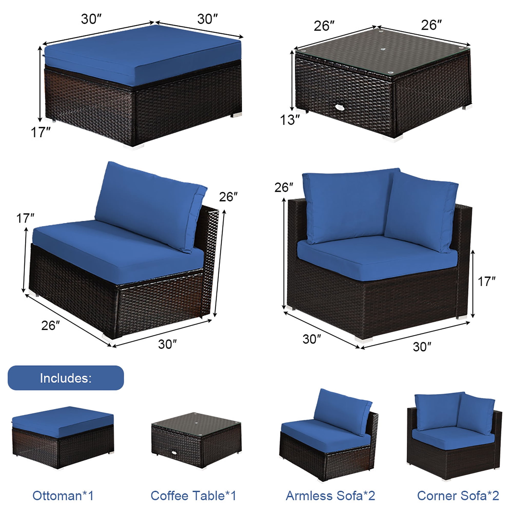 Costway 6PCS Outdoor Patio Rattan Furniture Set Cushioned Sectional Sofa Navy