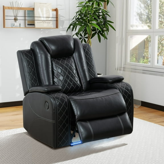MAYEERTY Power Recliner Chair, Electric Leather Reclining Chair with USB Charging, LED Lighting & Adjustable Backrest for Living Room, Black