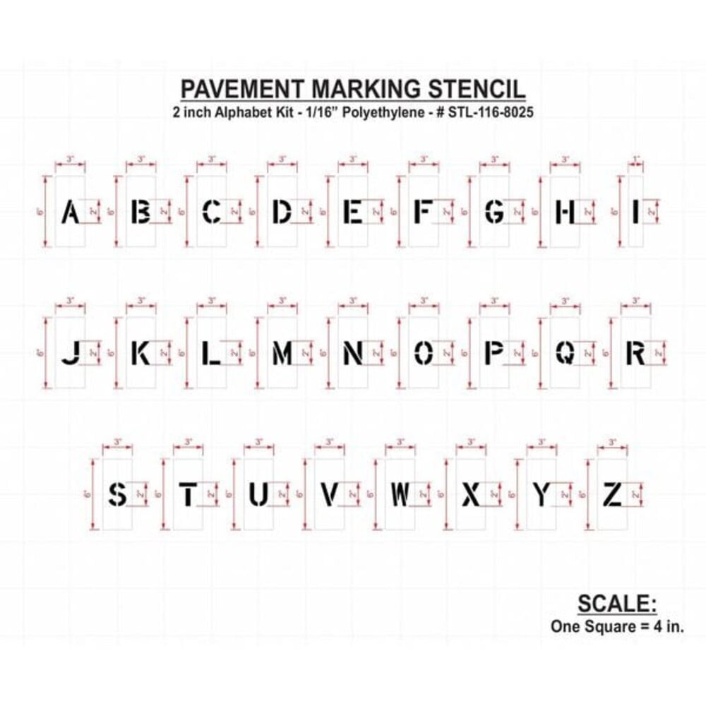 Pavement Stencil, Letter Set, A Thru Z, Blanks, 2 in Character Height, Highway Gothic Font, Clear