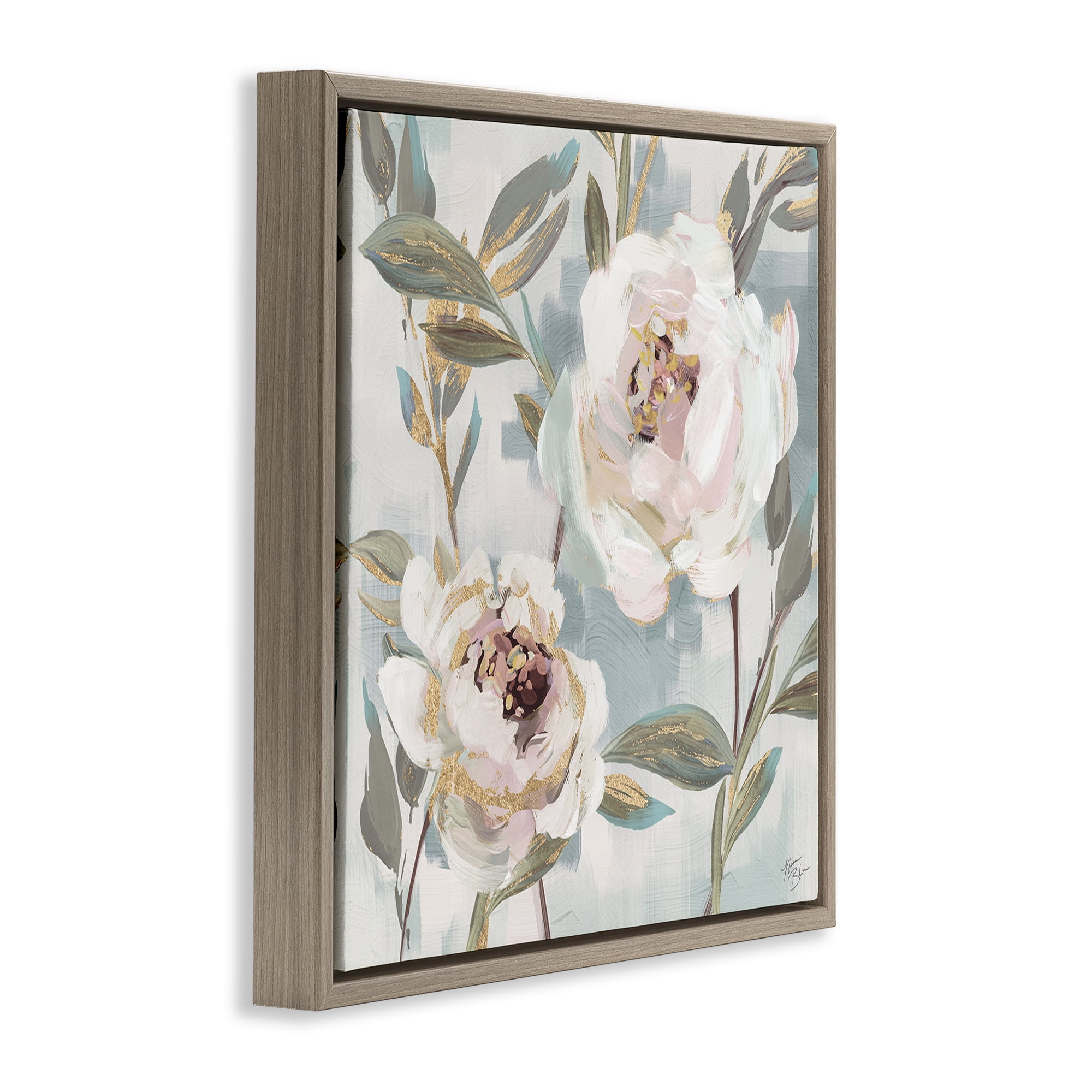 Stupell Industries White Peony Duo Plants & Flowers Painting Brown Floater Framed Canvas Art Print Wall Art, 18 x 18