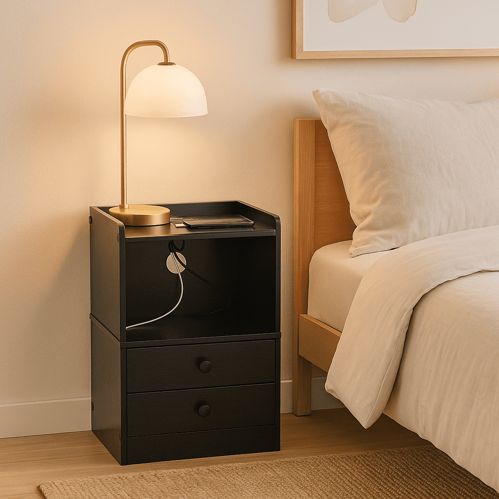 Homy Casa Nightstand with USB Ports & Outlets, Bedside Charging Table for Small Bedroom, Black