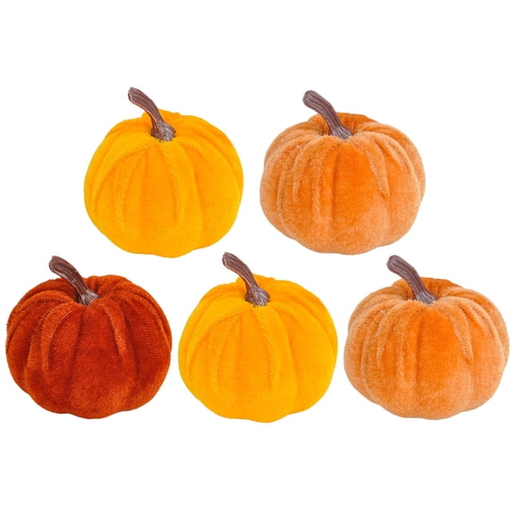5 Pcs Velvet Fake Pumpkins Fall Decor,Faux Small Pumpkin,Small Decorative Fabric Rustic Pumpkins,Fall Artificial Velvet Pumpkins,Small Realistic Vegetable Ornament,Halloween Decorations,Orange&Yellow