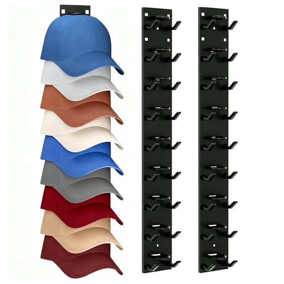 2 Pack Hat Organizer, Hat Rack for Baseball Caps, Multilayer Hat Storage Display Holder, Strong Adhesive Hat Storage Rack for Wall, Hat Rack Hold up to 18 Hats for Closet Door and Bedroom (Black)