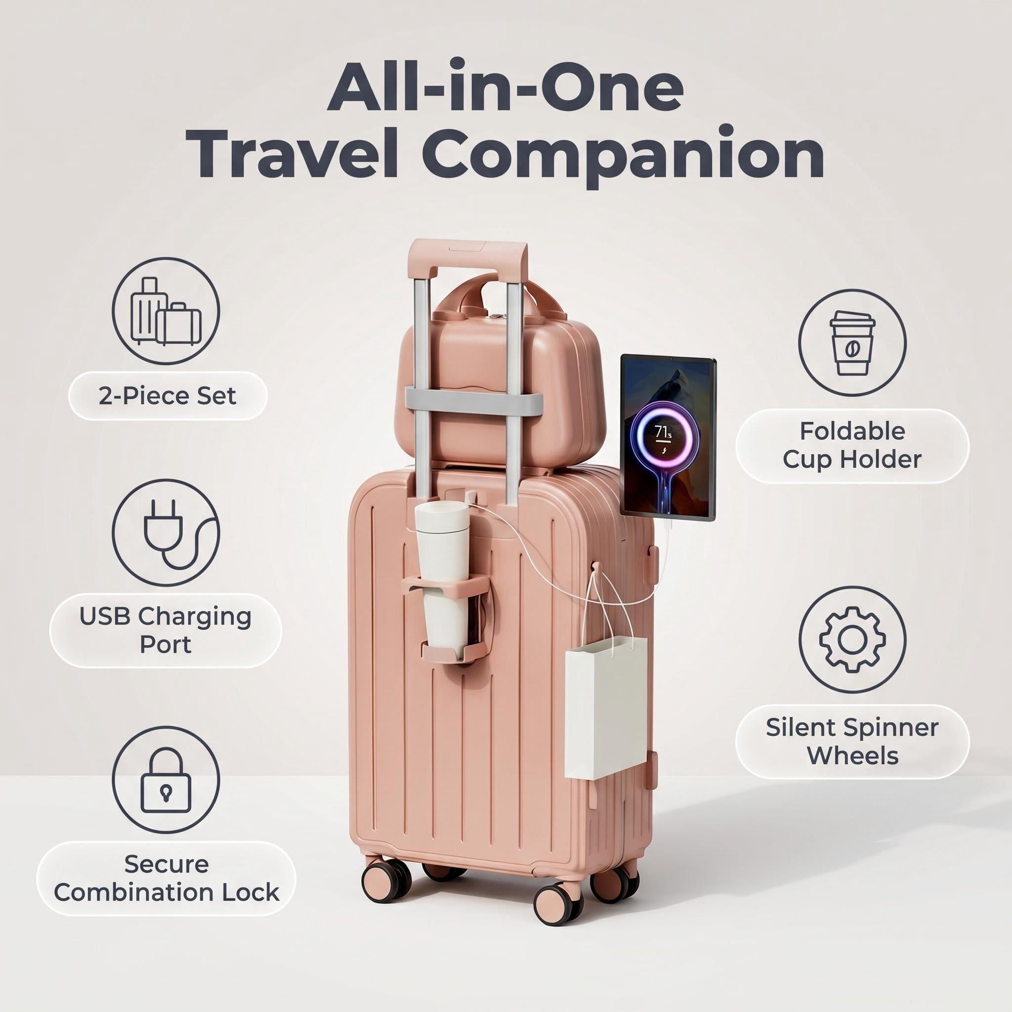 HEMXSZH 20 Inch Adult 2-Piece Hardside Rolling Luggage with Combination Lock and Cup Holder, Pink