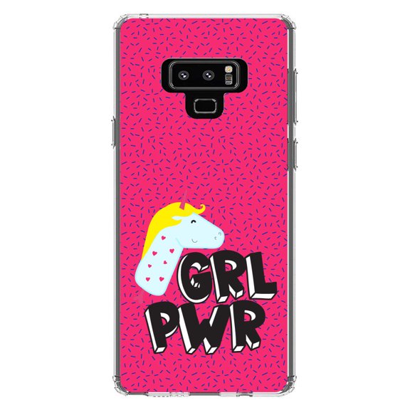 DistinctInk Clear Shockproof Hybrid Case for Samsung Galaxy Note 9 - TPU Bumper, Acrylic Back, Tempered Glass Screen Protector - Girl Power - GRL PWR - Unicorn Pink Background
