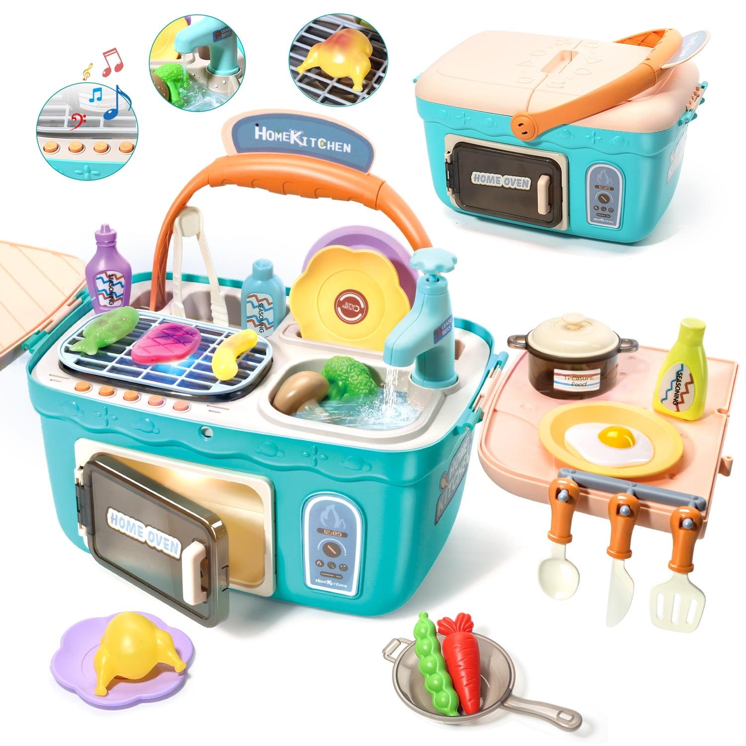 Kids Play Kitchen Set, Picnic Playset with Music & Lights ...