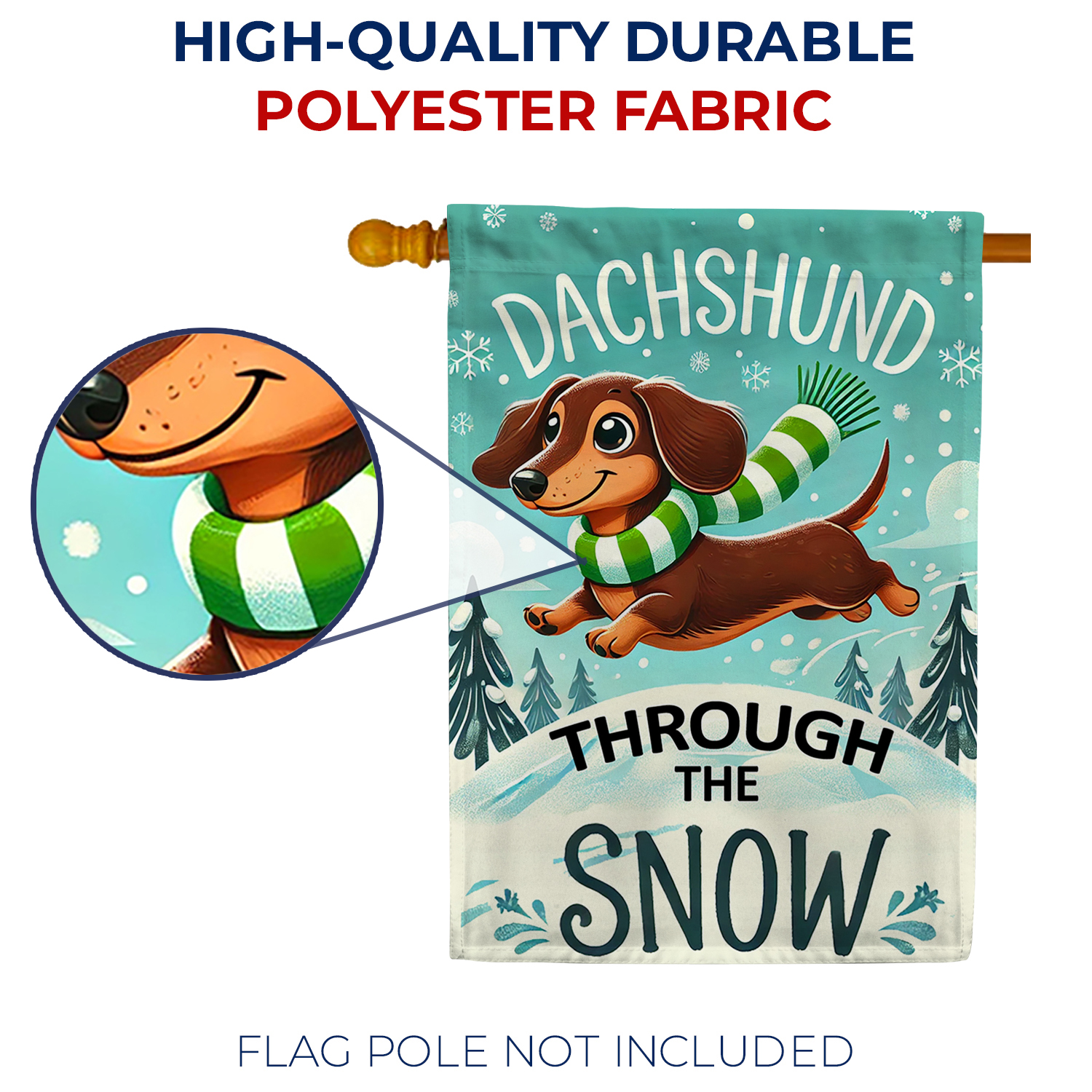 America Forever Dachshund Through Snow House Flag, 28 x 40 inch Double Sided, Winter Dog Banner, Playful Doxie Scarf Outdoor Decor, Holiday Outside Decorations Yard Flag