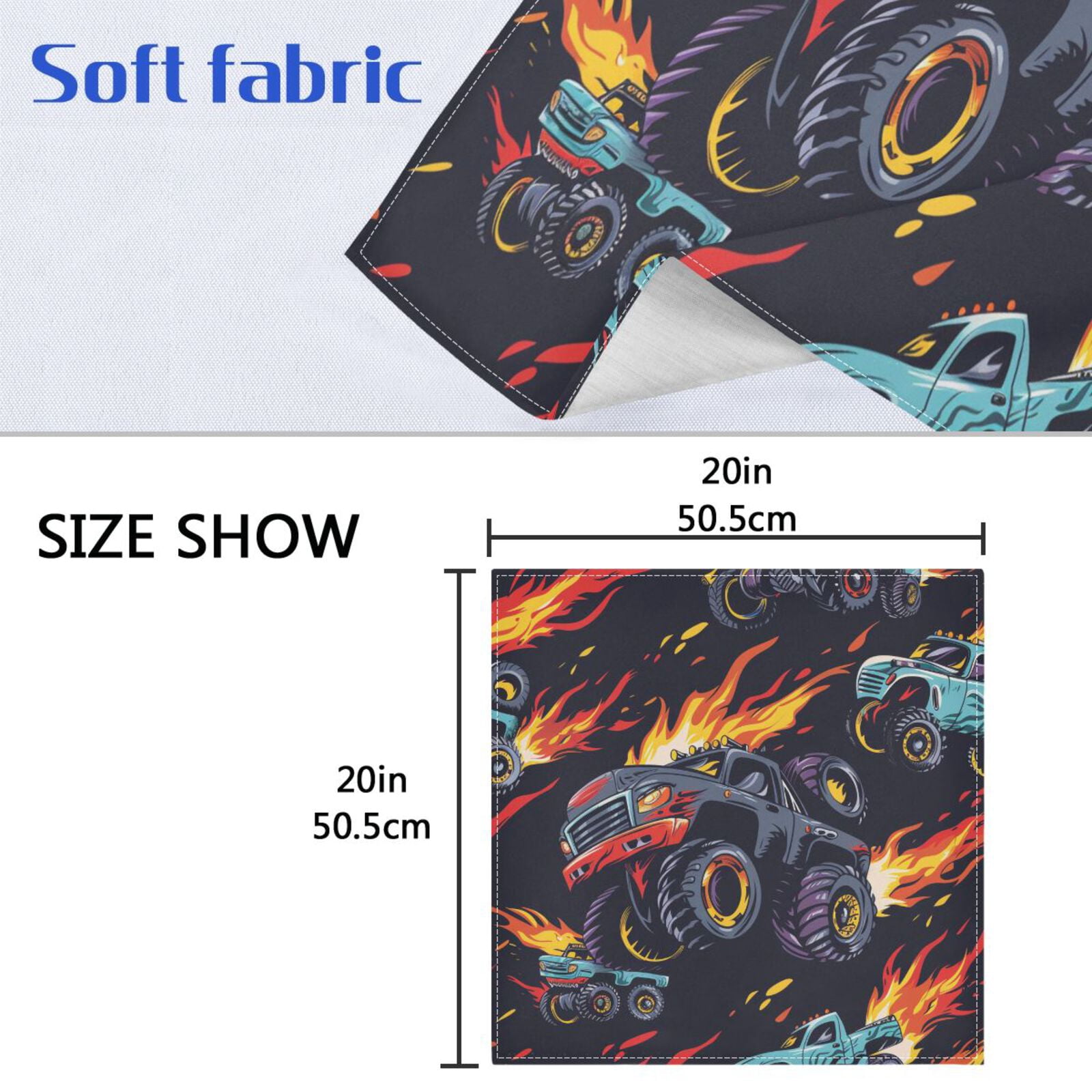 JSTEL Monster Truck Running Cloth Napkins Set of 6, 20x20 Inch Washable and Reusable Napkin for Decoupage Dinner Party Everyday Use
