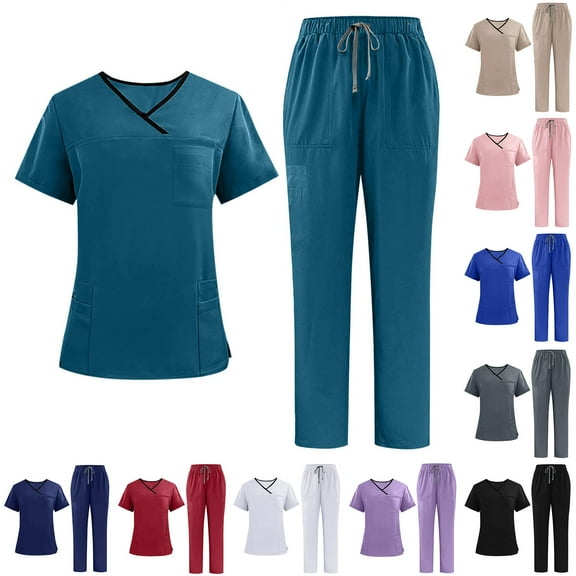 QATAINLAV Men & Women Scrubs Set Medical Scrub Tops and Drawstring Pants Unisex V Neck Nursing Uniform Solid Color Workwear, Pink, XXL,