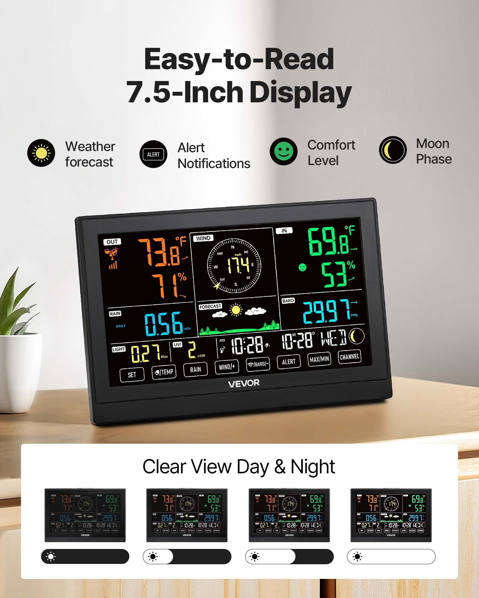 7-in-1 Wireless Weather Station with 7.5 in HD Display, Indoor Outdoor Thermometer, Humidity Sensor, Rainfall, Wind Speed & Direction, Sunlight Monitor, Dew Point, Moon Phases, 6-12 Hour Forecasts