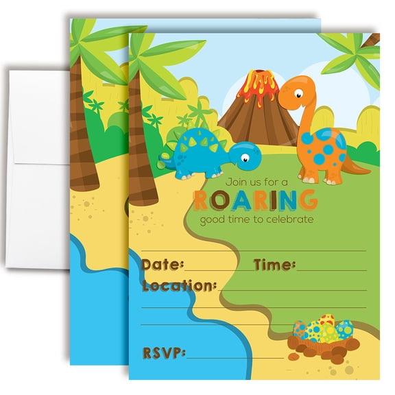 Dinosaur Roaring Good Time Birthday Invitations for Kids, 20 Fill-In Cards with Envelopes, 5x7 Children's Party Invitations, Birthday Party Supplies, Made in USA by Amanda Creation