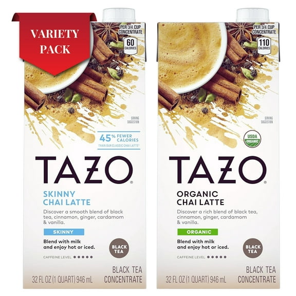 TAZO Chai Latte Variety Pack, Organic & Skinny Chai Concentrate, 32 fl oz Each, 2 Pack