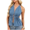 thumbnail image 3 of Women's V Neck Lace Up Cardigan Camisole Tank Top Sleeveless Solid Color Casual Daily Wear Loungewear Beach Vacation Fashion Essential Gift for Women | HAODEJW,Light Blue L, 3 of 9