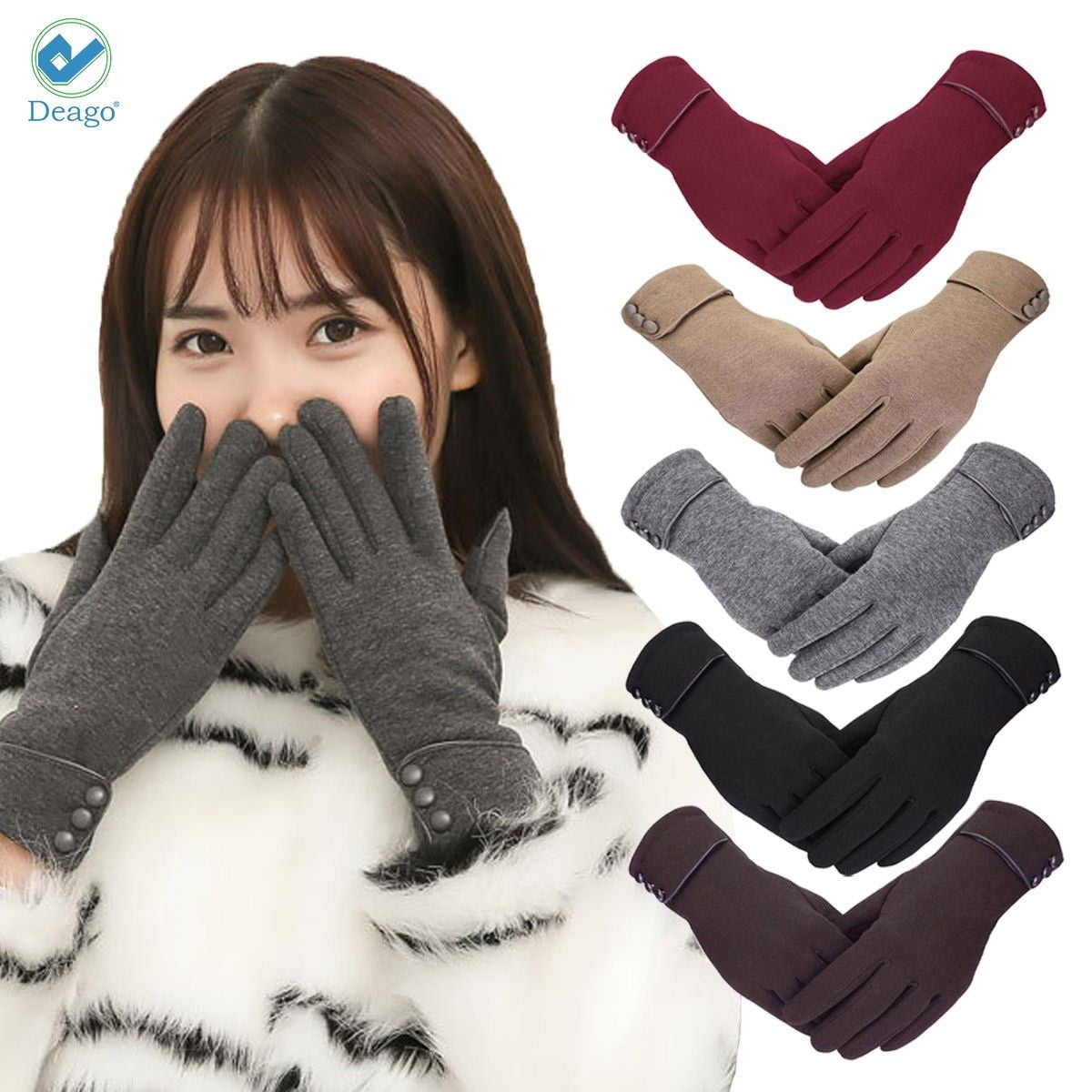 Touch Screen Gloves Women Winter Warm Suede-lined Full Finger Windproof Gloves J