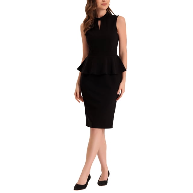 INSPIRE CHIC Robe Crayon à Basque pour Femme Col Montant Sans Manches Robe Fourreau de Travail Noir m
