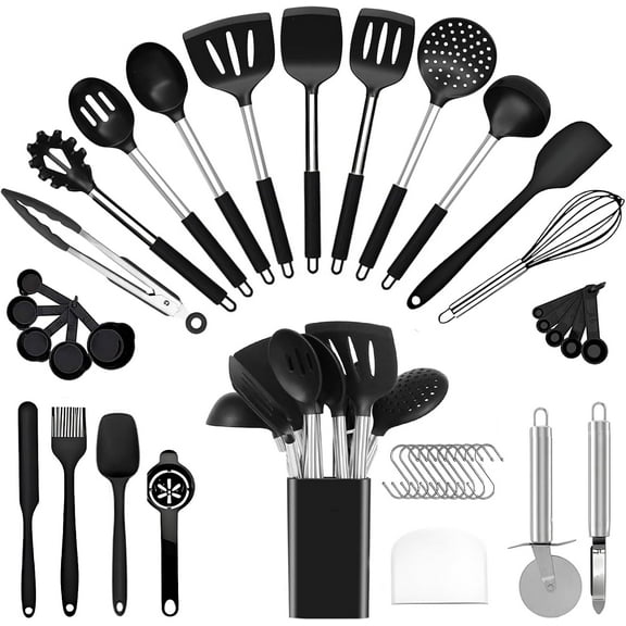 Kitchen Utensils Set Silicone Cooking, 40 Pcs Black Stainless Steel Metal, Spaghetti Spoon Cookware Utensils, Rubber Tools Nonstick Kitchenware Can Withstand Temperatures Up To 446°F, Dishwasher Safe
