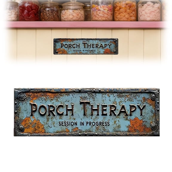 Porch Therapy Decorative Sign, 4x16 Inch Aluminum Wall Decor, 2D Flat Distressed Rustic Sign for Porch Patio Outdoor Leisure Space
