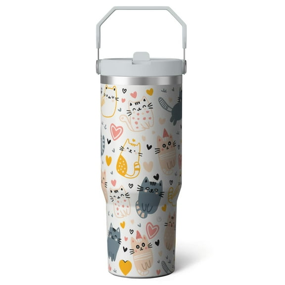 1pc cat 30oz Tumbler with Straw & Handle - Insulated Stainless Steel Cup | Holiday Gift for Man Women (Christmas, Valentine's, Birthday)