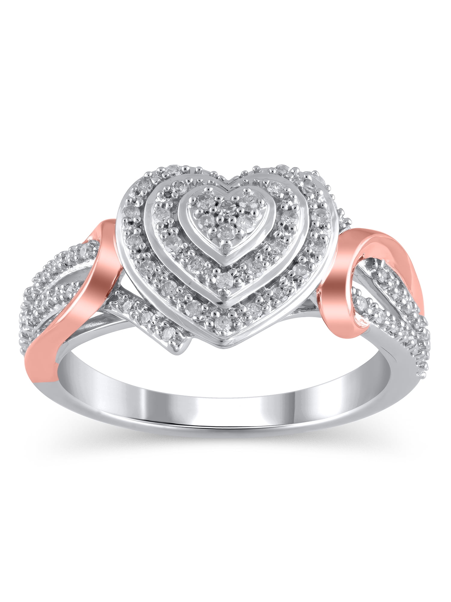 1/6 Carat T.W. (I3 clarity, I-J color) Hold My Hand Heart Shaped Double Halo Diamond Composite Ring in Sterling Silver with 14K Rose Gold Plating, Size 7