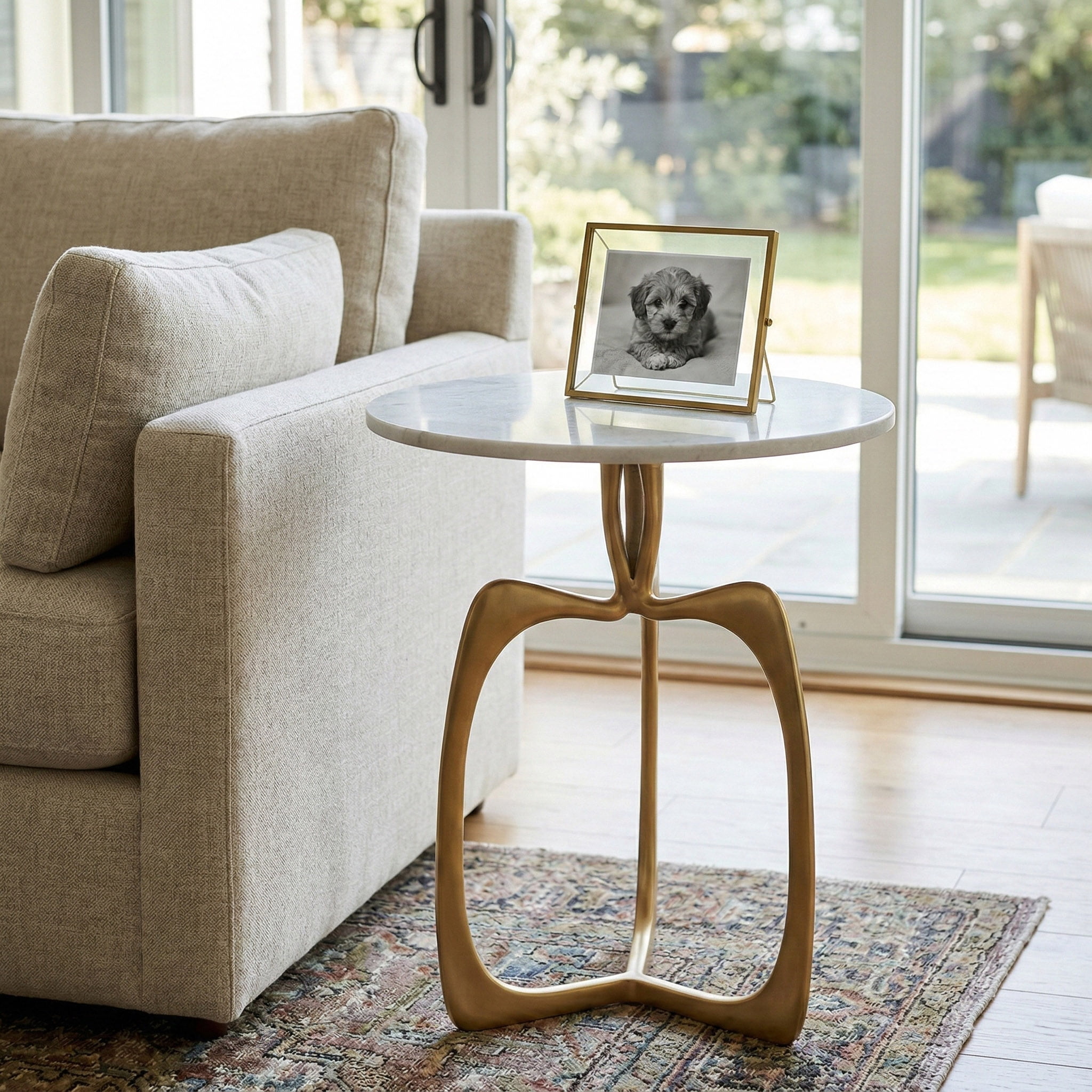 Modern End Table with Marble Top for Bedside or Living Room Decor - Sculptural Aluminum Base Side Table for Small Spaces - Decoarative Compact Accent Table for Home Display - 23", Gold & Metallic