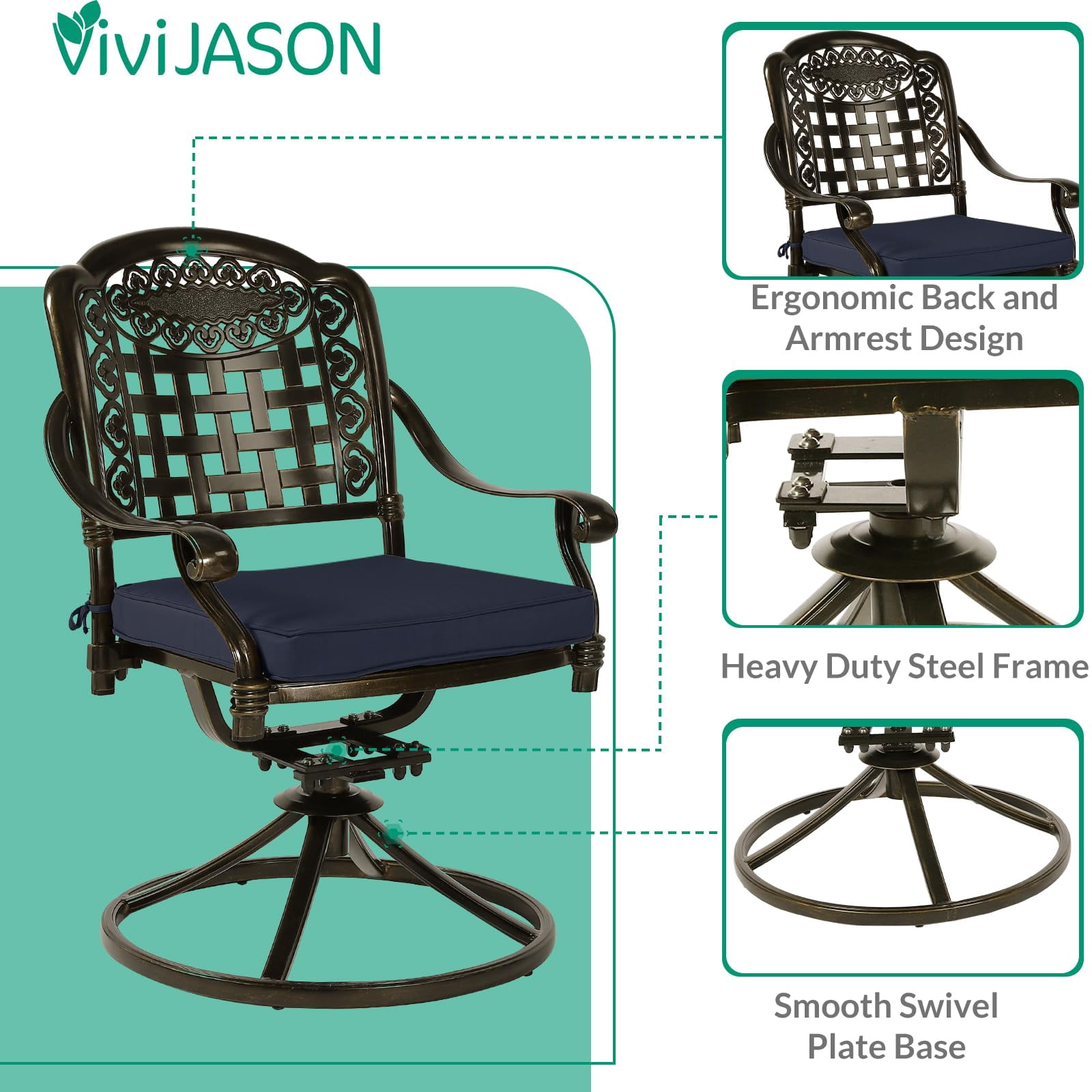 VIVIJASON 9-Piece Outdoor Furniture Dining Set, Rust-Free Cast Aluminum Patio Conversation Set, Include 8 Swivel Dining Chairs & 61" Round Dining Table with 31" Lazy Susan, Umbrella Hole, Navy Blue