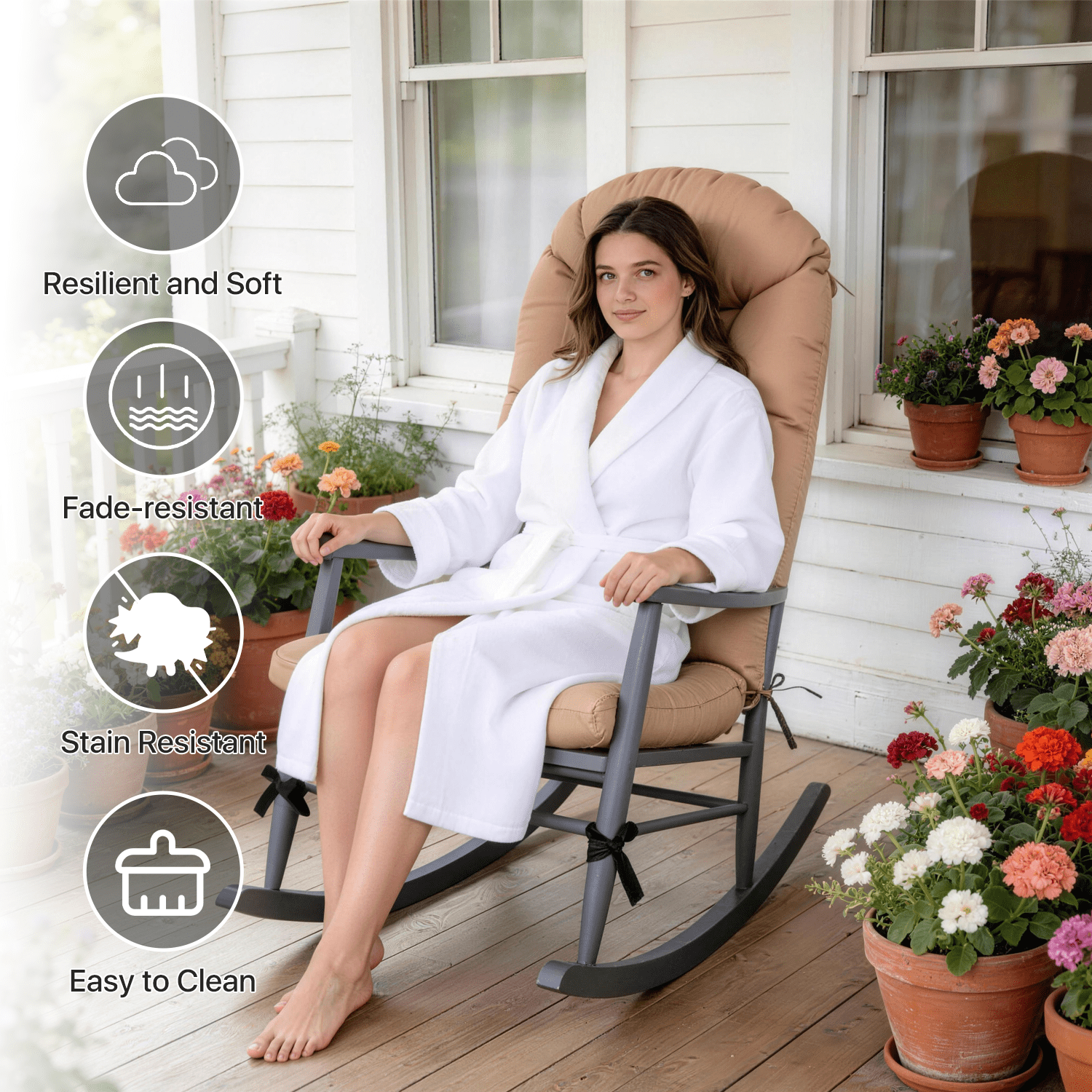 Clouddwell Outdoor Rocking Chair Cushion, Thickened High Back Patio Chair Cushions with High Elasticity PP Cotton Water-Resistant, 2-Pack, Beige