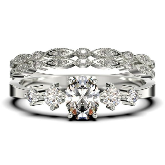 Classic 1.65 Carat Oval Cut Diamond Moissanite Engagement Ring, Fairy And Dainty Ring, Wedding Ring in 925 Sterling Silver With 18k White Gold Plating, Gift, Promise Ring, Trio Rings