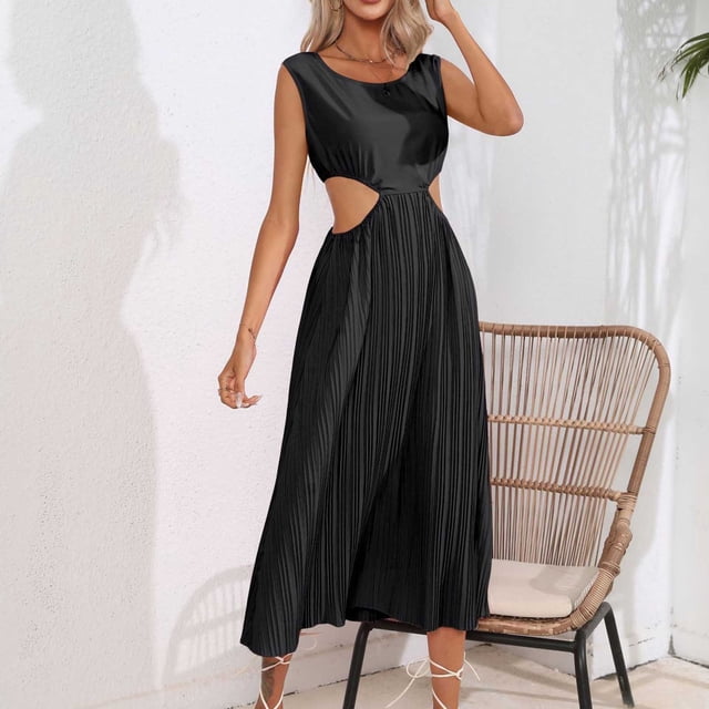 Lenago Robes d'Été Grande Taille Mode Femmes Robe d'Été Col Rond Imprimé à Pois Robe Plissée Sans Manches Robes de Plage de Fête en Solde