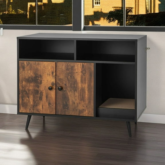 Demi Bonn 35" Hidden Cat House Washroom Furniture with Storage Compartments and Scratcher, Wood Cat Litter Box Enclosure Cabinet with Side Entrance, Black