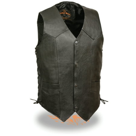 Classic Cowhide Vest - Mens Classic Side Lace Leather Biker Vest Premium Milled Cowhide
