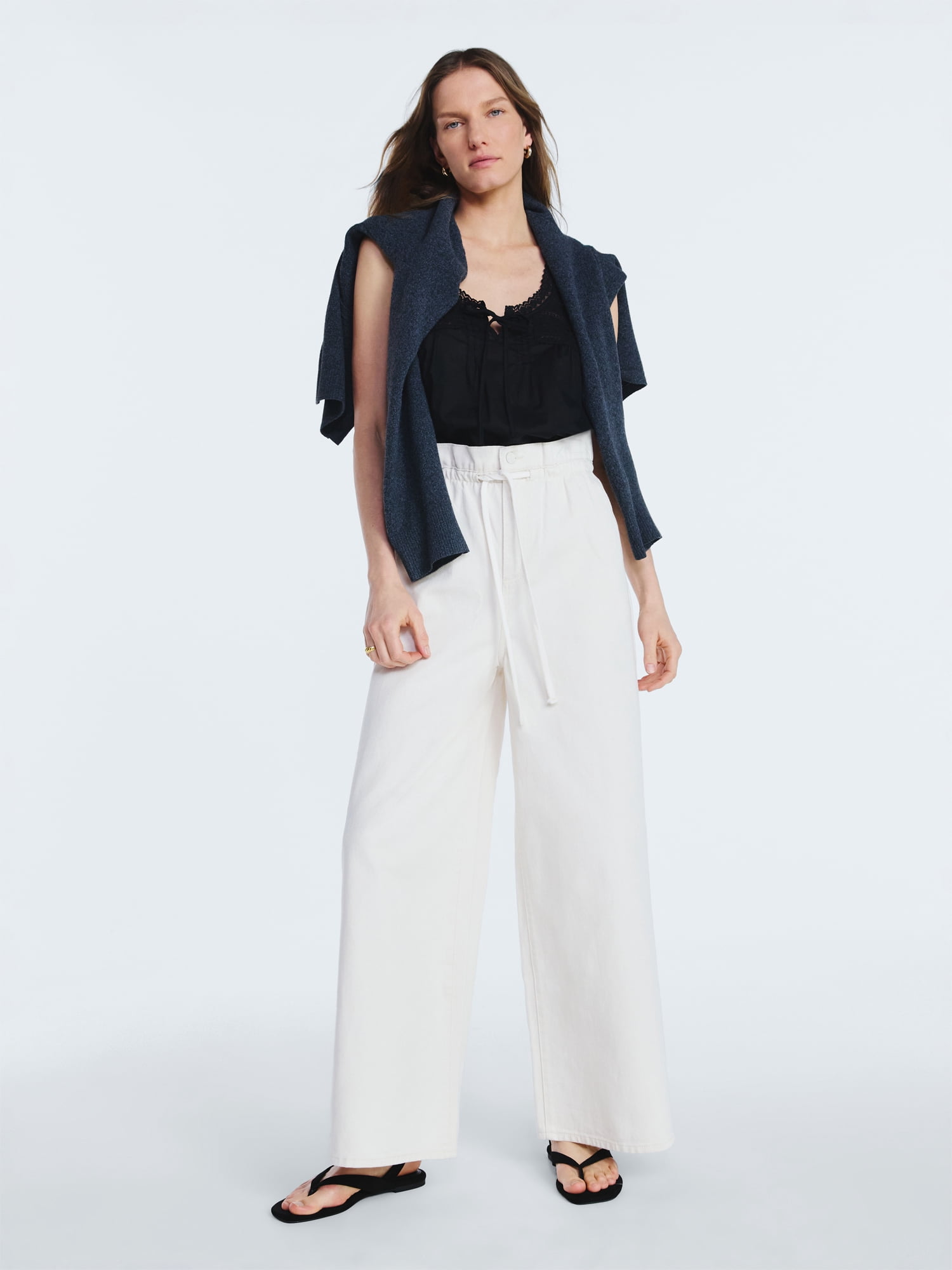 Scoop Women's Paperbag Waist Wide Leg Cotton Pants, Regular, Short and Long Inseams, Sizes XS-XXL