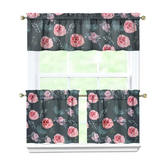 Kitchen Curtains and Valance Set 24 Inch Tier Pioneer Colorful Floral Curtains Small Drapes for Cafe Living Room Bathroom Farmhouse 3 Pieces Set Rod Pocket
