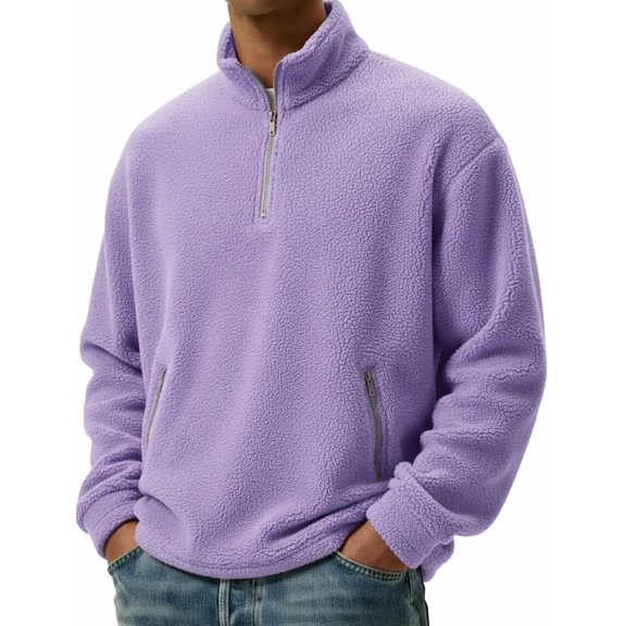 ASDFVBKG Men's Warm Fuzzy Fleece Pullover Quarter Zip Polar Fleece Stand Collar Lightweight Long Sleeve Tops Outerwear Warm Fall Solid Color Outfits Purple S
