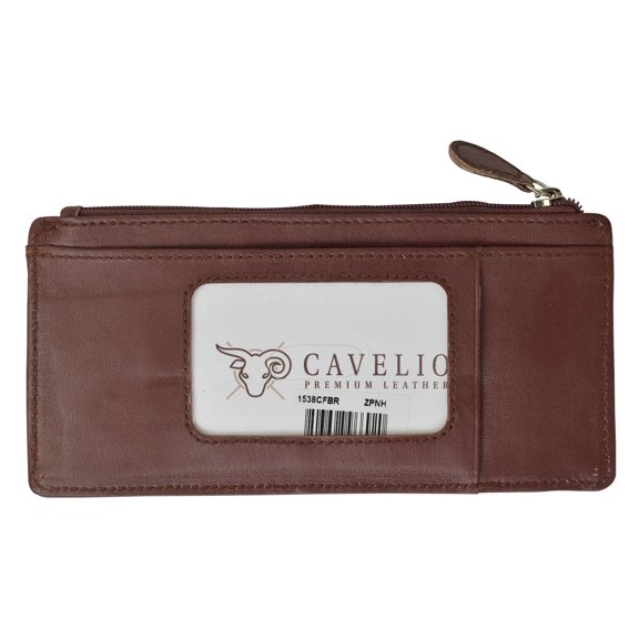 Cavelio Leather Thin Vertical Stacker Card Case Wallet with ID Window Brown