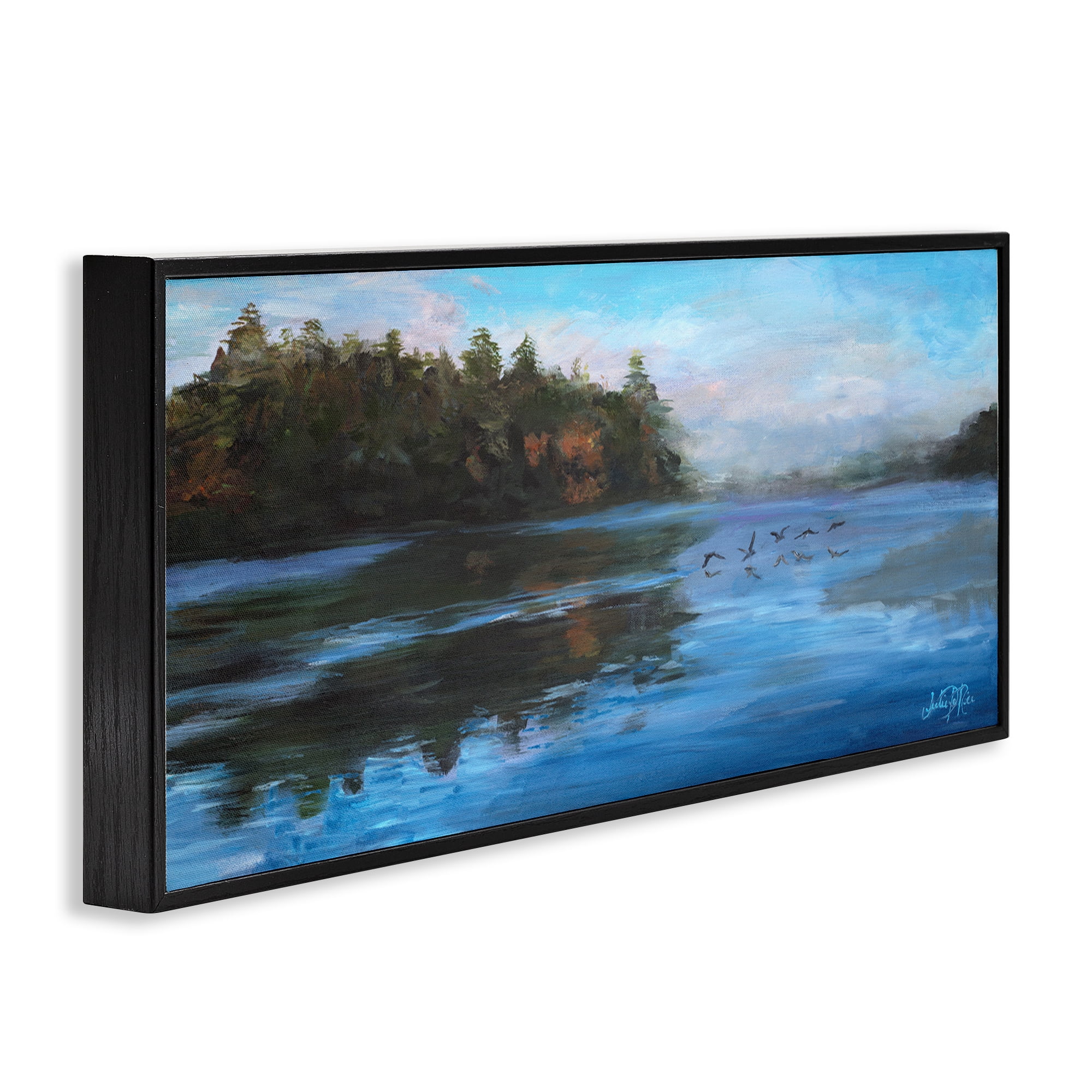 Stupell Industries Birds Along River Landscape Painting Black Framed Art Print Wall Art, 30 x 13