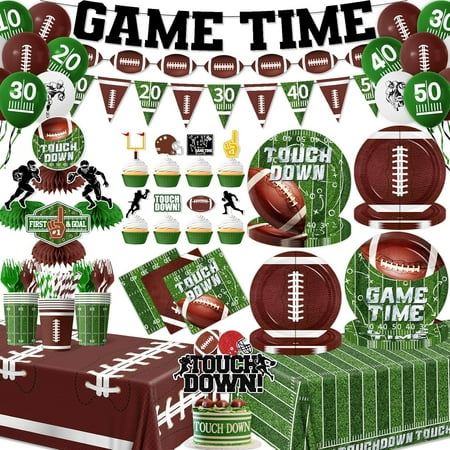 Football Party Decorations Include Paper Plates Napkins Cake Topper Banner Balloon Touchdown Tablecloth for Football Birthday Game Day Tailgate Party Decor, Football Party Supplies Kit Serve 24
